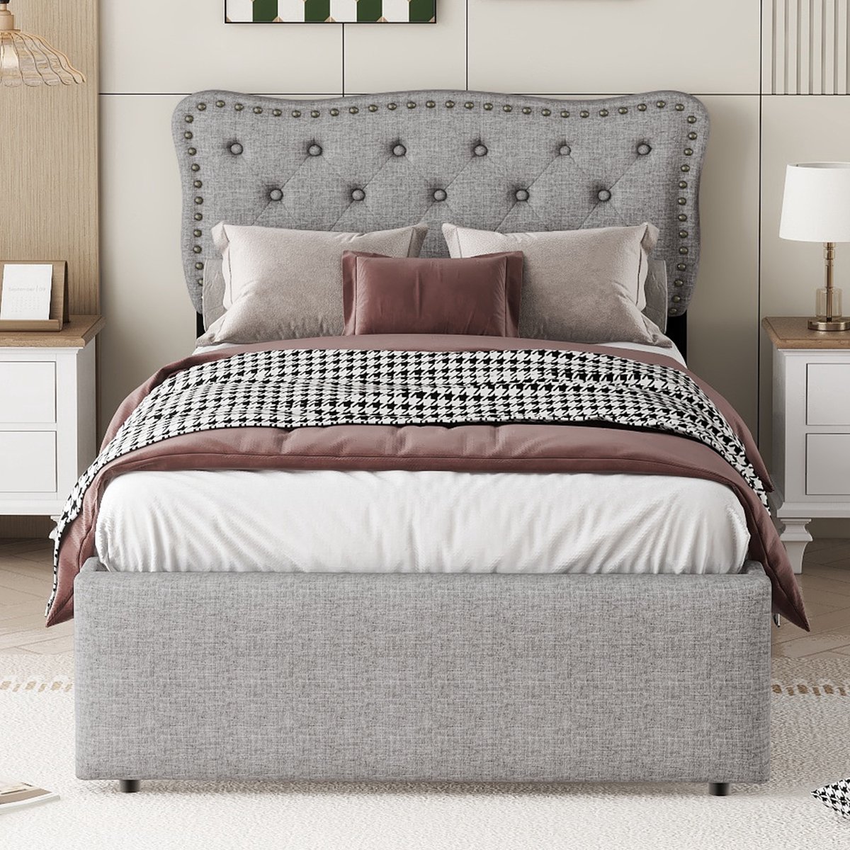 Merax 90x200 cm gestoffeerd bed - eenpersoonsbed - met decoratieve nagels bedtafel kussen - met 2 lades - grijs - zonder matras