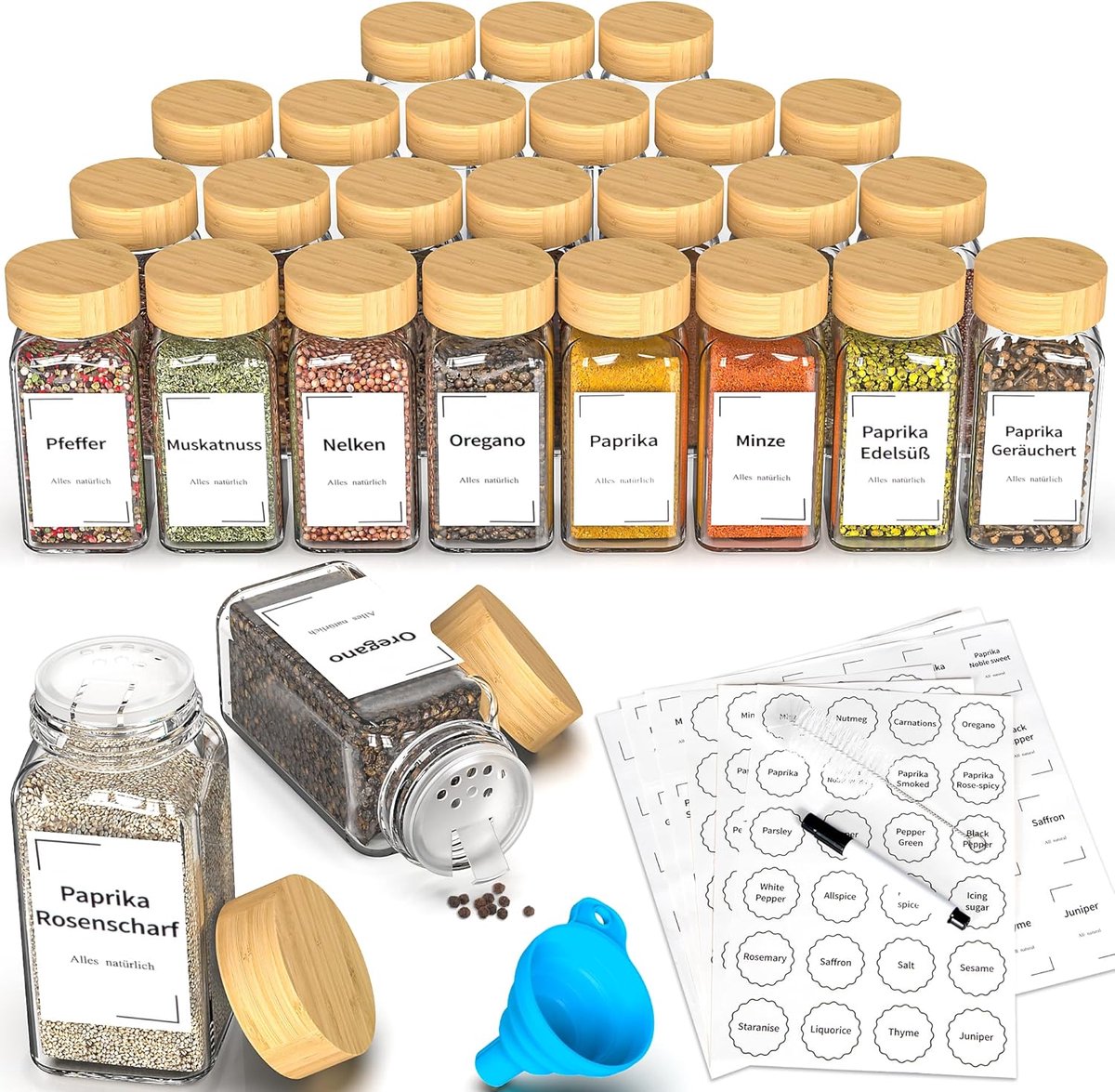 Set van 24 Vierkante Kruidenpotjes met Deksel en Etiketten