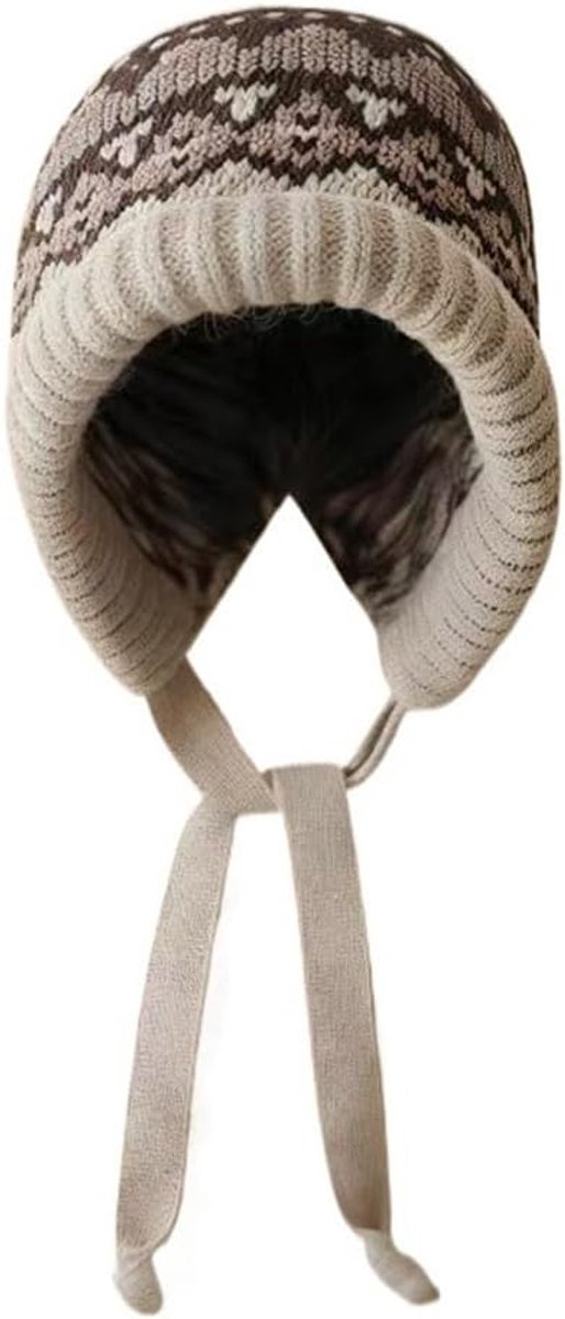 Gestreepte gebreide muts - Winter warme muts - Herfst dikke winddichte oorwarmers Damesmuts - Beige