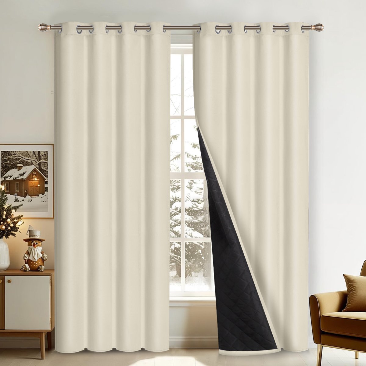 Qelus Verduisterende Gordijnen - Kant en Klaar Gordijn - Dikke Verduisterende Thermische Gordijnen - 2 Stuks Voor Een Lekker Warme & Stille Woonkamer/Slaapkamer- B132 X H213 cm(Beige) Beige,2 stuks