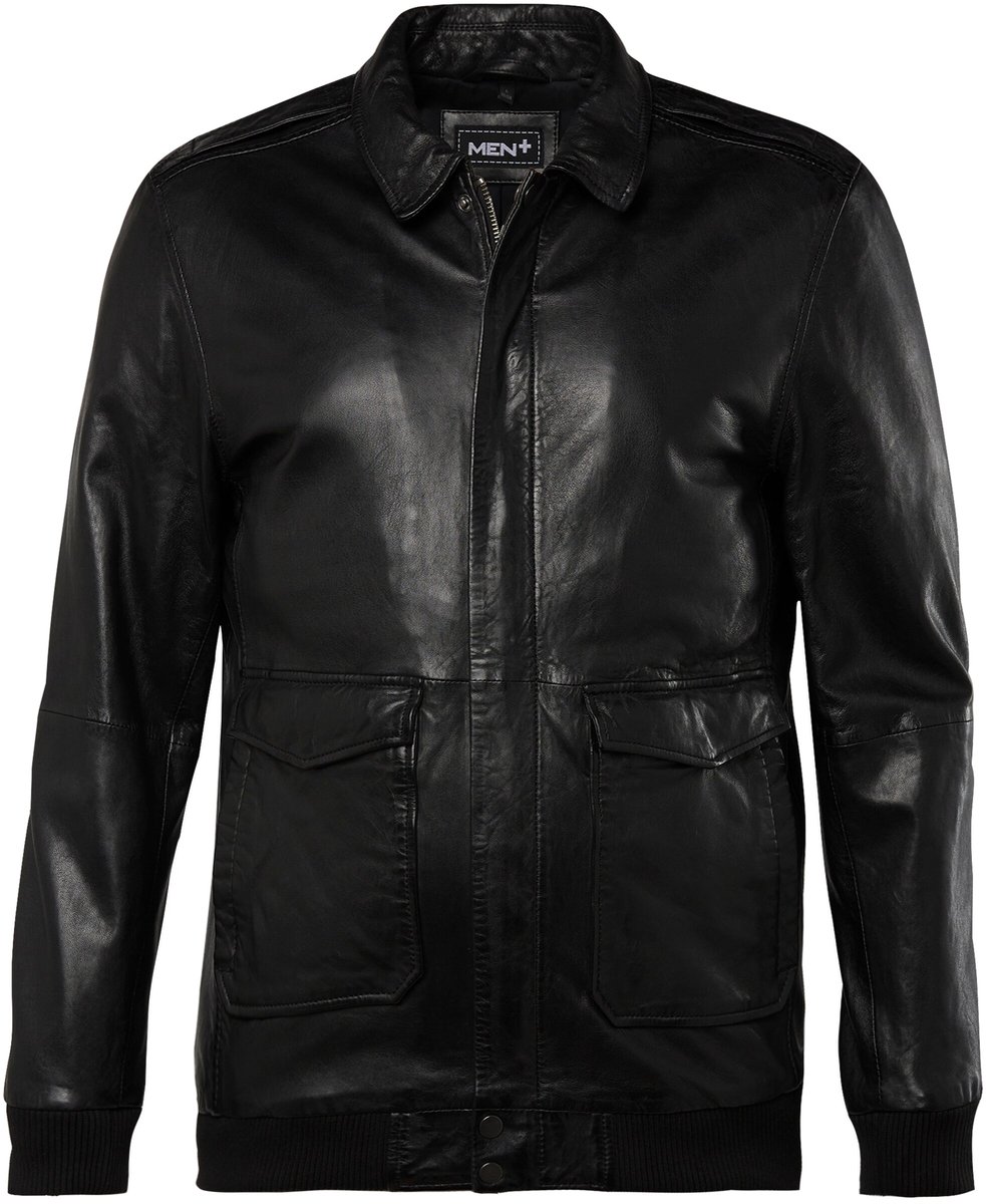 Men Plus - Heren - Leren jack leer patch op de achterkant - Zwart - Maat 6XL