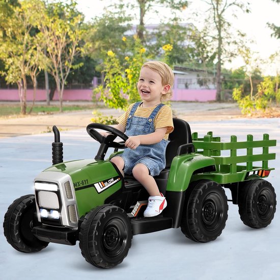 Tracteur électrique 12 V – 3 Vitesses – Avec Remorque Amovible, Télécommande 2,4G, LED, Musique – Dès 3 Ans