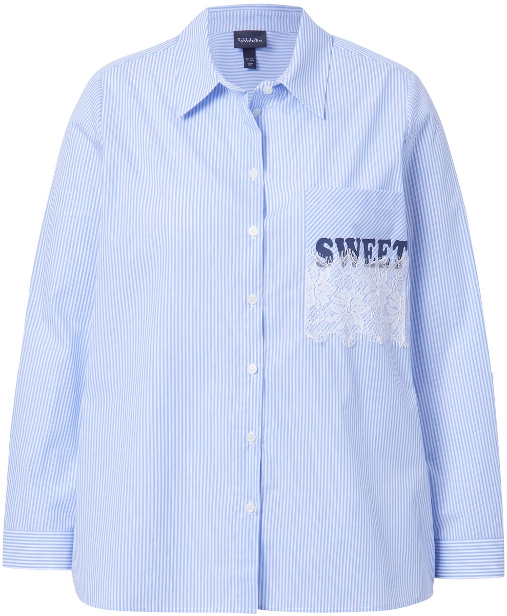 Ulla Popken - Dames - Blouse met strepen sweet A-lijn overhemdkraag lange mouw - Lichtblauw - Maat 54+