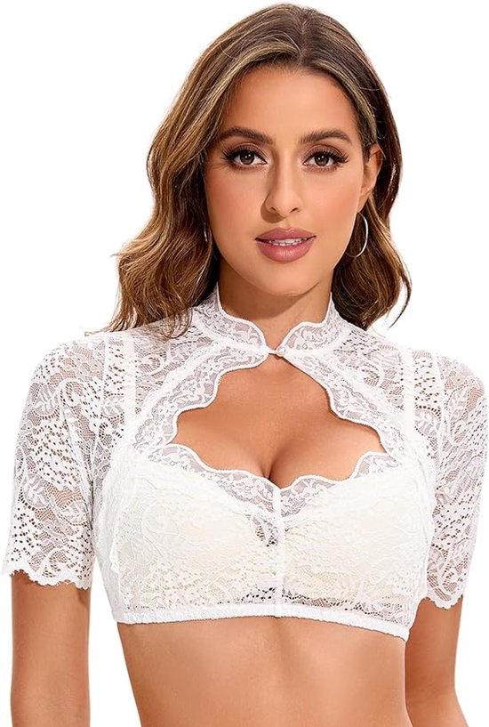 Wit kanten bustier met korte mouwen, hoge kraag en een hartvormige uitsnijding op de borst.