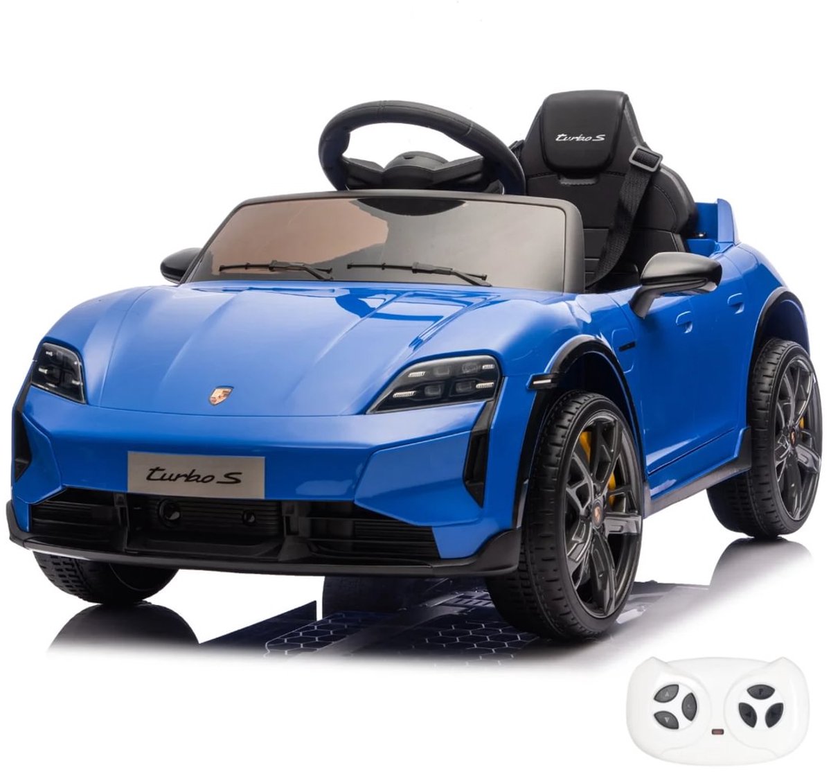 Porsche Taycan Turbo S 12V Elektrische Kinderauto 1 tot 5 jaar – Officieel Gelicentieerd met Vernieuwde Li-ion Accu – Luxe Sportwagen met Afstandsbediening, EVA-Wielen & Lederen Zitje – Blauw