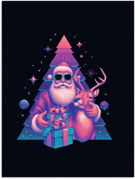 Poster 90x120 cm - Retro - Kerstman - Rendieren - Kerstboom - Posters - Kamer decoratie - Wanddecoratie woonkamer - Muurdecoratie slaapkamer - Kerstversiering - Kerstdecoratie voor binnen - Kerstmis