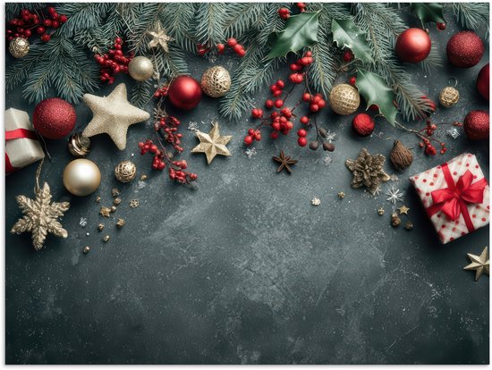 Poster 40x30 cm - Kerstomlijsting - Hulst - Kleurrijk - Posters - Kamer decoratie - Wanddecoratie woonkamer - Muurdecoratie slaapkamer - Kerstversiering - Kerstdecoratie voor binnen - Kerstmis