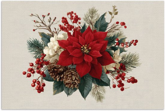 Poster 30x20 cm - Kerststuk - Poinsettia - Dennenappels - Rood - Posters - Kamer decoratie - Wanddecoratie woonkamer - Muurdecoratie slaapkamer - Kerstversiering - Kerstdecoratie voor binnen - Kerstmis