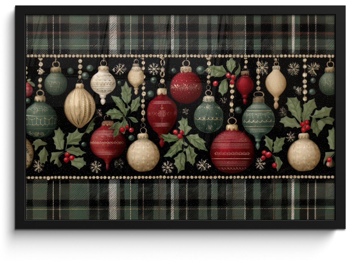 FrameYourWall Poster in lijst - Fotolijst 60x40 cm - Posters - Kerstballen - Rood - Hulsttakken - Patroon - Posterlijst zwart - Decoratie - Wanddecoratie woonkamer - Muurdecoratie slaapkamer - Kerstversiering - Kerstdecoratie voor binnen - Kerstmis
