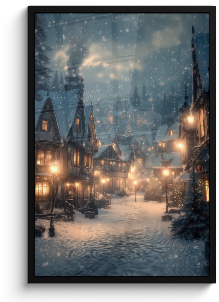 FrameYourWall Poster in lijst - Fotolijst 60x90 cm - Posters - Winterdorp - Sneeuw - Donker - Posterlijst zwart - Decoratie - Wanddecoratie woonkamer - Muurdecoratie slaapkamer