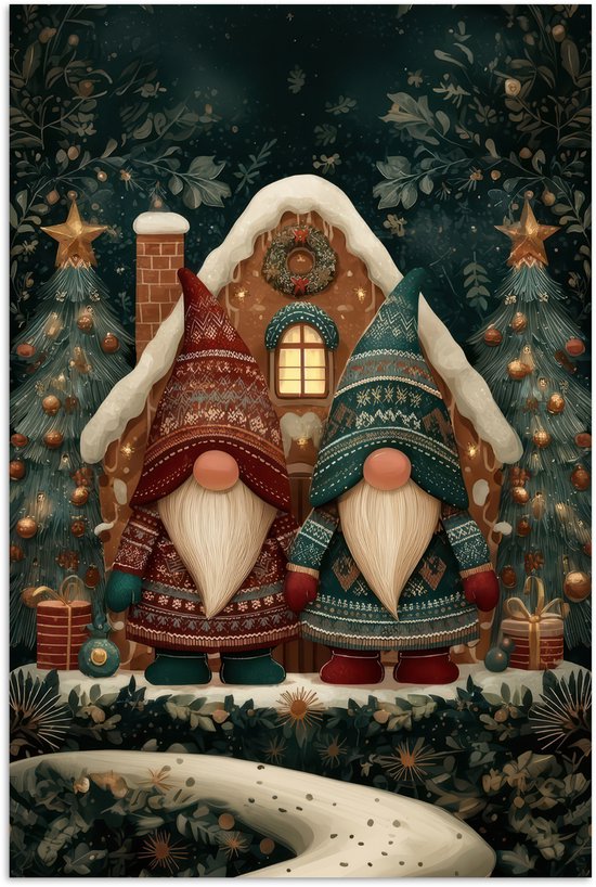 Poster 80x120 cm - Kerst - Gnomen - Peperkoekhuisje - Rood - Groen - Posters - Kamer decoratie - Wanddecoratie woonkamer - Muurdecoratie slaapkamer - Kerstversiering - Kerstdecoratie voor binnen - Kerstmis