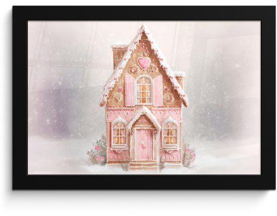 Poster in lijst - Fotolijst 30x20 cm - Posters - Huisje - Suiker - Pastel - Posterlijst zwart - Decoratie - Wanddecoratie woonkamer - Muurdecoratie slaapkamer - Kerstversiering - Kerstdecoratie voor binnen - Kerstmis