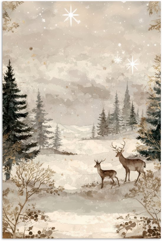 Poster 60x90 cm - Bos - Herten - Winter - Sneeuw - Posters - Kamer decoratie - Wanddecoratie woonkamer - Muurdecoratie slaapkamer