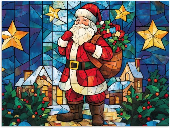Poster 120x90 cm - Kerstman - Glas - Kleurrijk - Posters - Kamer decoratie - Wanddecoratie woonkamer - Muurdecoratie slaapkamer - Kerstversiering - Kerstdecoratie voor binnen - Kerstmis
