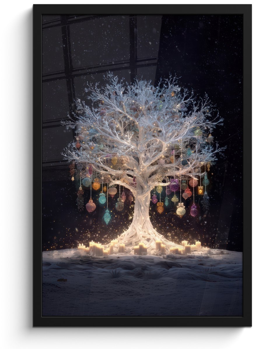 FrameYourWall Poster in lijst - Fotolijst 40x60 cm - Posters - Sneeuwboom - Lichtjes - Wit - Kleurrijk - Posterlijst zwart - Decoratie - Wanddecoratie woonkamer - Muurdecoratie slaapkamer - Kerstversiering - Kerstdecoratie voor binnen - Kerstmis