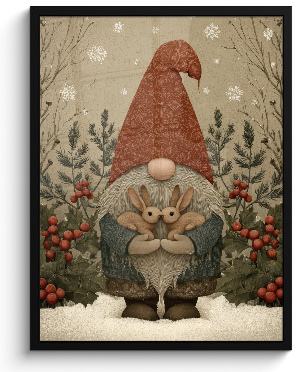 FrameYourWall Poster in lijst - Fotolijst 60x80 cm - Posters - Kerstgnome - Konijntjes - Kleurrijk - Posterlijst zwart - Decoratie - Wanddecoratie woonkamer - Muurdecoratie slaapkamer - Kerstversiering - Kerstdecoratie voor binnen - Kerstmis