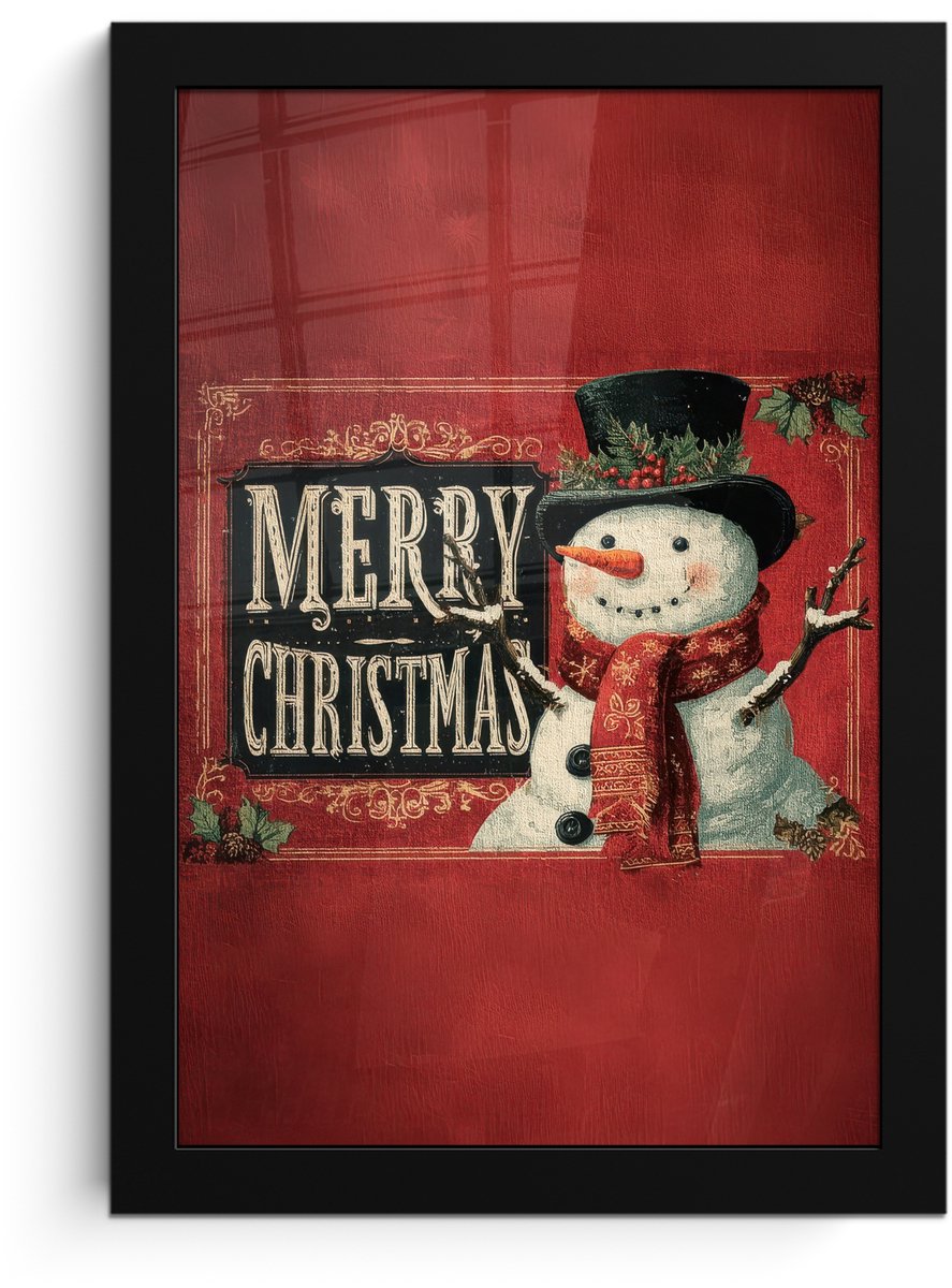 FrameYourWall Poster in lijst - Fotolijst 20x30 cm - Posters - Klassiek - Kerstgroet - Sneeuwpop - Rood - Posterlijst zwart - Decoratie - Wanddecoratie woonkamer - Muurdecoratie slaapkamer - Kerstversiering - Kerstdecoratie voor binnen - Kerstmis
