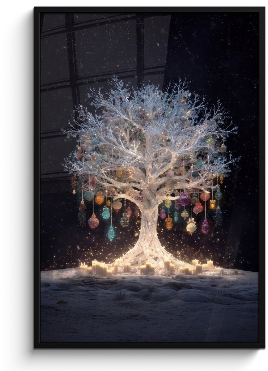 FrameYourWall Poster in lijst - Fotolijst 80x120 cm - Posters - Sneeuwboom - Lichtjes - Wit - Kleurrijk - Posterlijst zwart - Decoratie - Wanddecoratie woonkamer - Muurdecoratie slaapkamer - Kerstversiering - Kerstdecoratie voor binnen - Kerstmis