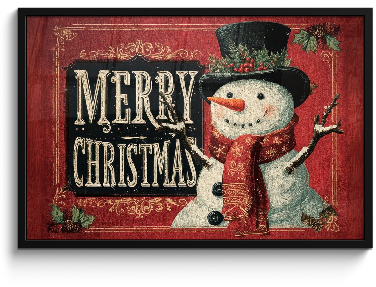 FrameYourWall Poster in lijst - Fotolijst 90x60 cm - Posters - Klassiek - Kerstgroet - Sneeuwpop - Rood - Posterlijst zwart - Decoratie - Wanddecoratie woonkamer - Muurdecoratie slaapkamer - Kerstversiering - Kerstdecoratie voor binnen - Kerstmis