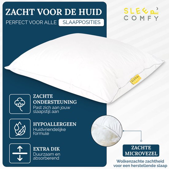 Sleep Comfy Set de 2 oreillers – Qualité hôtelière – 30 jours de sommeil d'essai – Comfort ultime – Soulage les douleurs du cou et du dos – Orthopédique et ergonomique – Convient à toutes les positions de sommeil – 60 x 70 cm