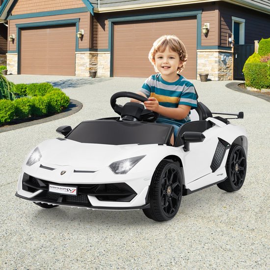 Voiture électrique enfant RUF GT 12V, blanc, portes ouvrantes, télécommande 2,4 GHz, lumières LED à