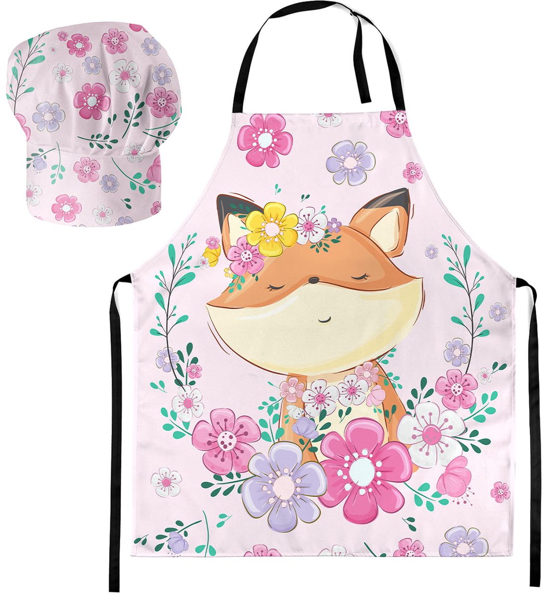 FEROCITY - Kinderkeukenset: Koksmuts + Kinderschort 2-delige Set - met klittenband - Unisex - Vossen Tussen Bloemen