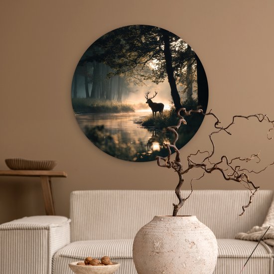 WallCircle® Cercle mural 60x60 cm - Cercle mural Cerf - Ruisseau forestier - Mystique - Décoration murale salon - Décoration murale chambre - Accessoires de décoration - Tableaux ronds