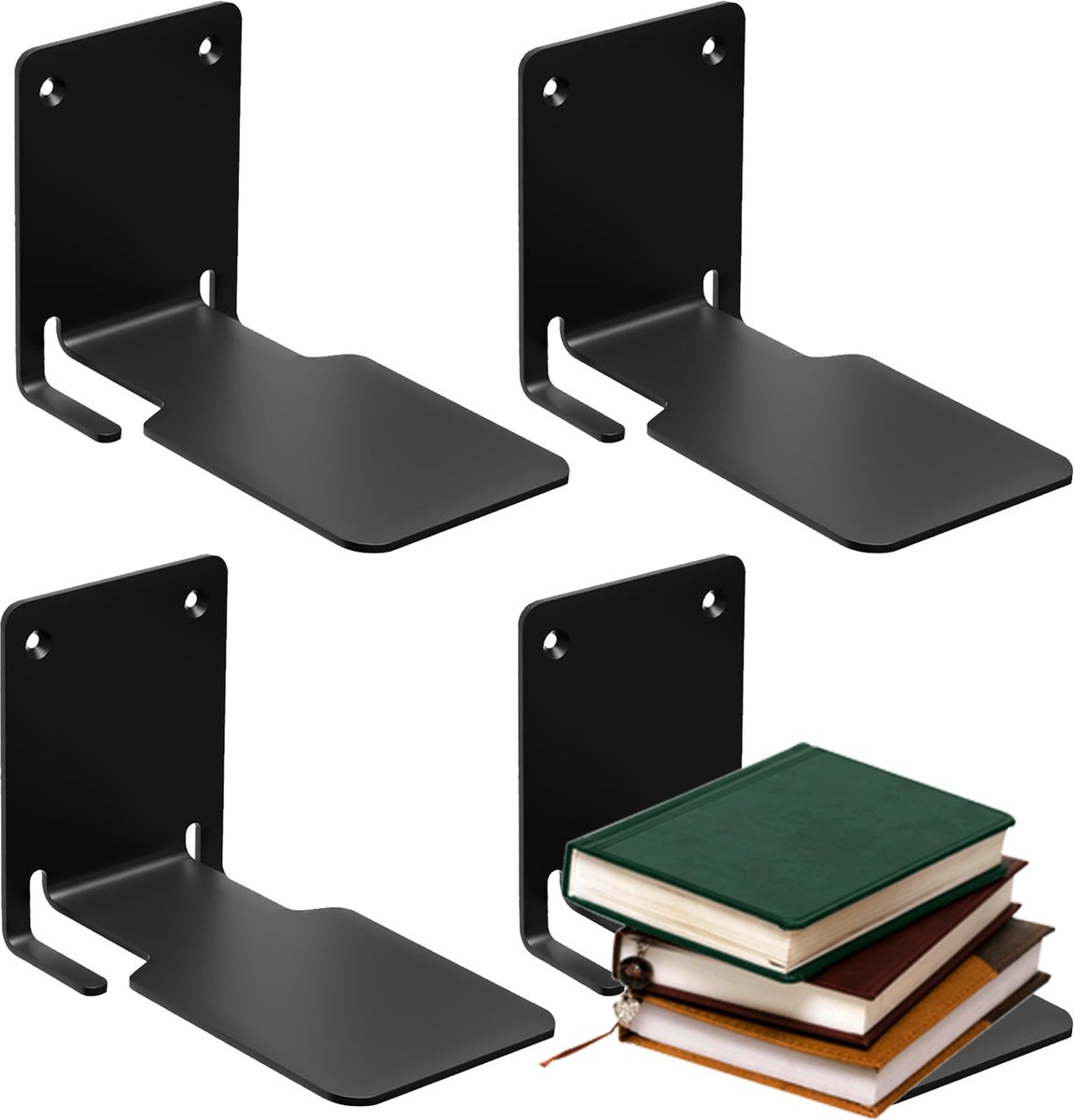 longziming -Zwevende Boekenplanken van Metaal – Onzichtbare Wandplanken voor Boeken en Decoratie – Stevig, Duurzaam & Eenvoudig te Installeren – Set van 4 Stuks, Draagvermogen tot 13,5 kg