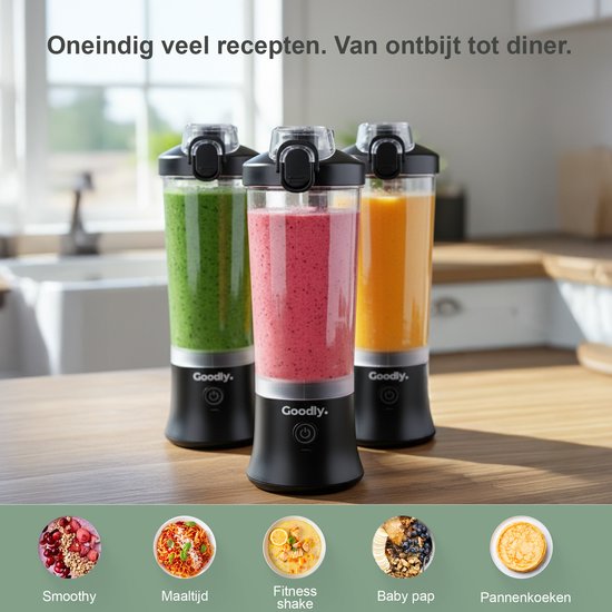 Goodly® Blender to go - led licht - Draagbare Blender - Noodpaket - camping blender - 600ml - zwart van Goodly — afbeelding 2