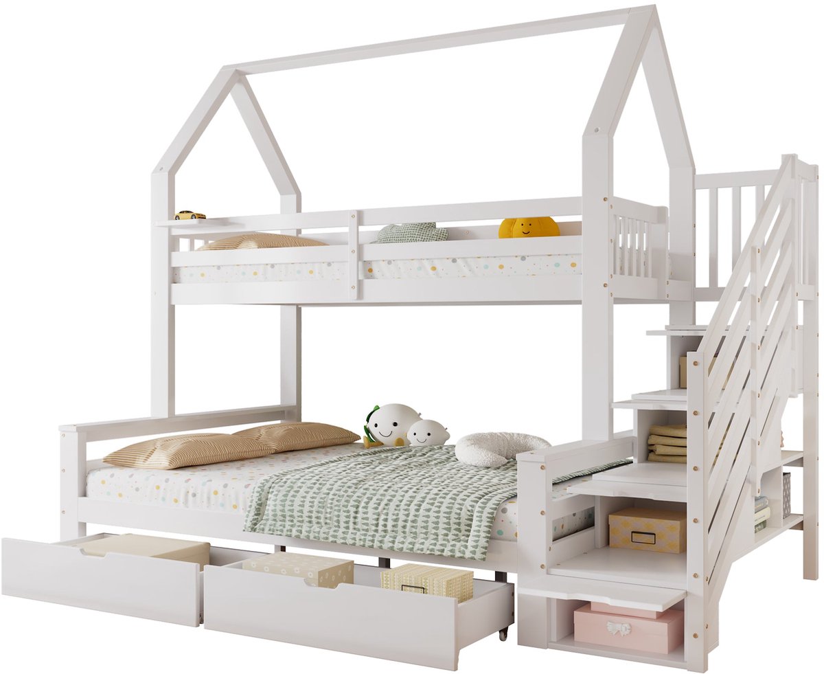 Merax Stapelbed voor Kinderen - Kinderbed - Twee Laden op Rollen - Bed in Huisvorm - Veiligheidshek - Treppenkast - Hout MDF Sperrholz - Wit - 90x200 cm & 140x200 cm