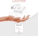 Witte PowerLocus powerbank, 6x6x2,2cm, weegt 171g, op een hand.