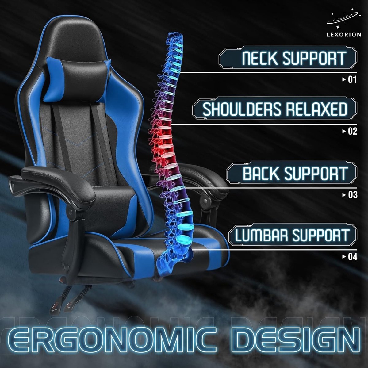Lexorion Gaming Stoel – Ergonomische Gaming Chair – Inclusief Gratis RGB Gamingmuis Cadeau – Verstelbaar – Lederen Gamestoel – 136 kg – Blauw – Bureaustoel – foto 4