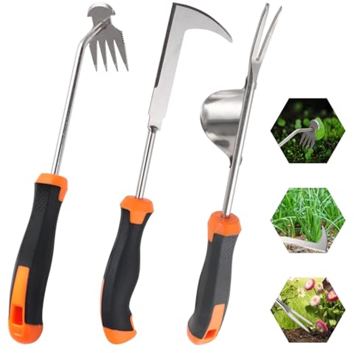 3-pack handonkruidgereedschap met rubberen handvat - Draagbare onkruidverwijderaar voor tuin en terras