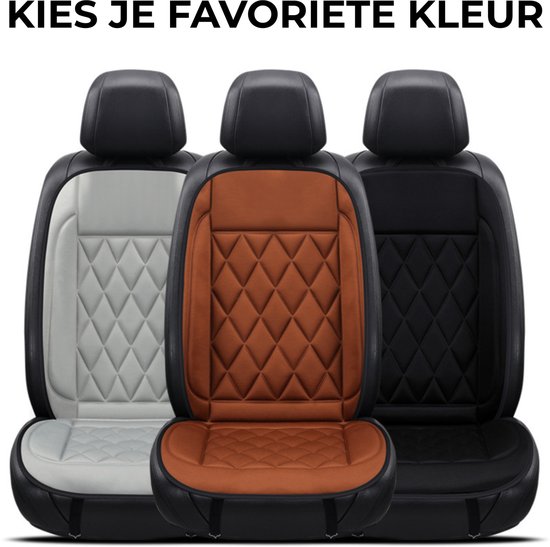 Drie autostoelhoezen in de kleuren lichtgrijs, bruin en zwart, met ruitpatroon.
