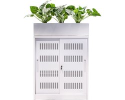 GAME HERO® Schuifdeurkast - Kantoorkast met slot - Archiefkast - Dossierkast - Met plantenbak - Wit