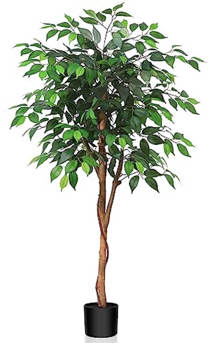 Grote kunstmatige ficusboom 120 cm voor binnen - realistische nepboom met houten stam en zijden bladeren