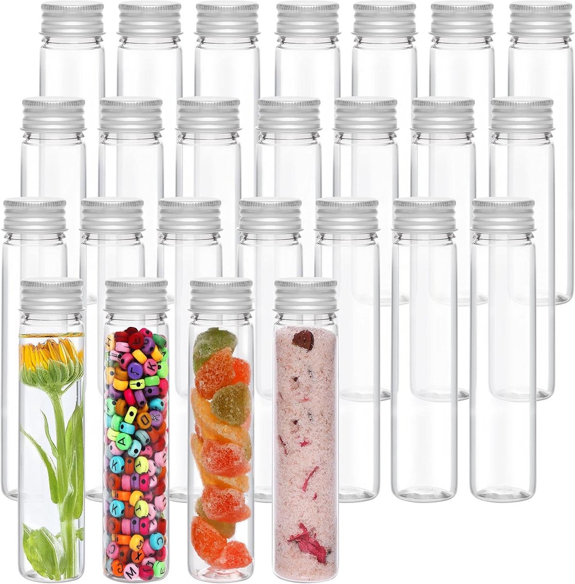 Orivio - Doorzichtige Plastic Reageerbuisjes met Schroefdop en Schoonmaak Borstel (25 stuks) - 75 ml - Herbruikbare Transparante Container Buisjes voor Snoep Opslag, Vloeistoffen, Badzout, Kralen & Bloemen