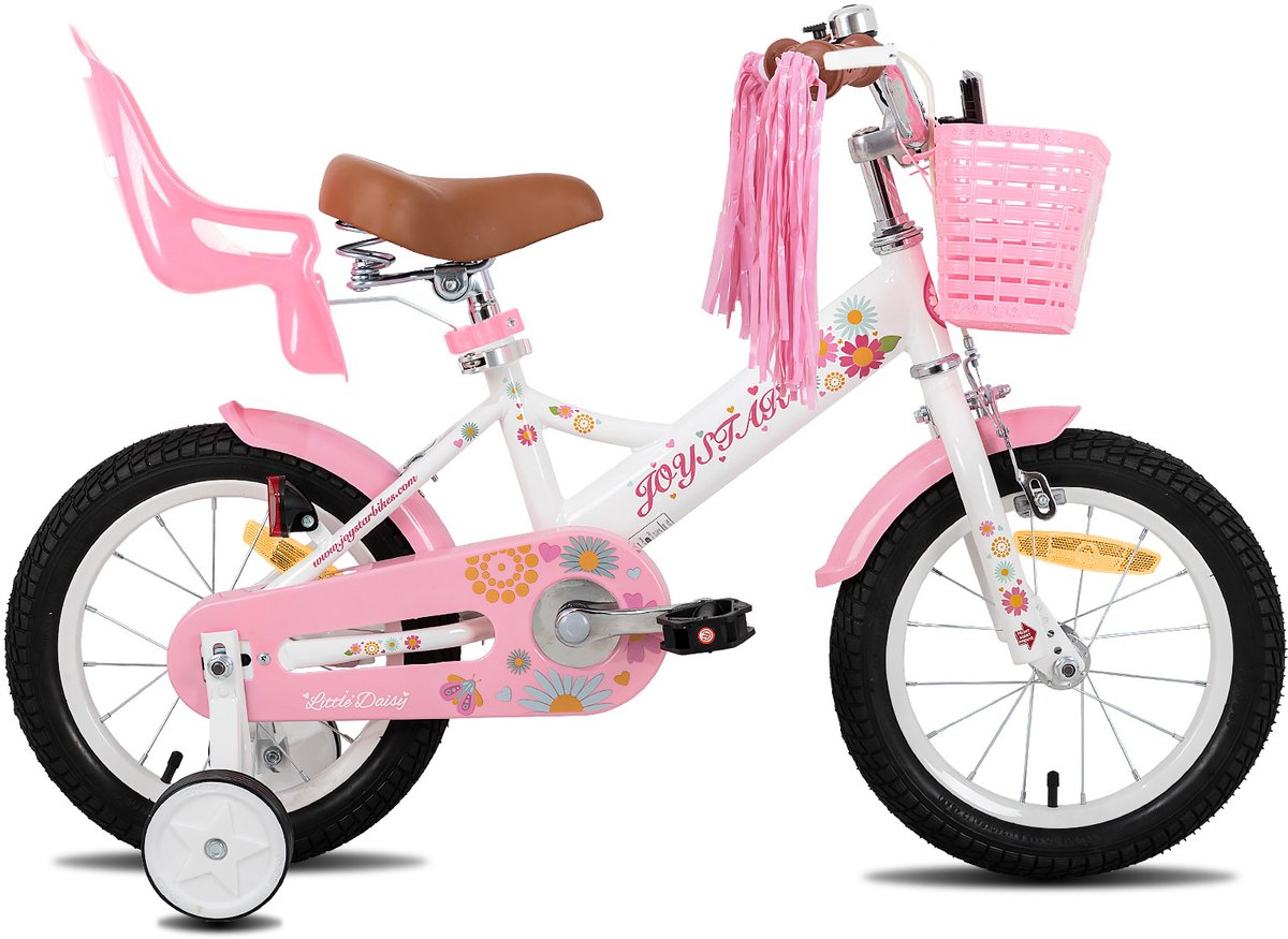 Joystar Little Daisy Meisjesfiets - 12 Inch - Mandje - Poppenzitje - Zijwieltjes - Bel - Handrem - Wit - Geschikt voor buitenactiviteiten in de lente