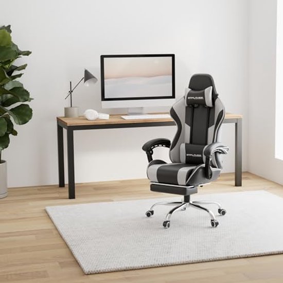 Ergonomische Gamingstoel met Massagefunctie en Voetensteun - Draaistoel met Hoofdsteun en Lendenkussen - Comfortabele Zachte Bekleding in Wit — afbeelding 2