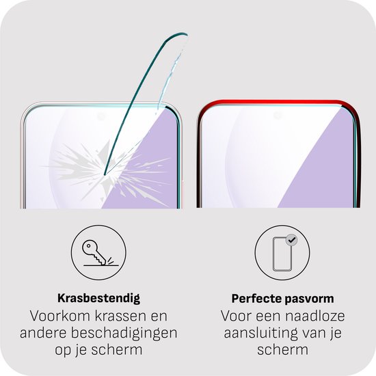 Twee telefoonschermen, één gebarsten en één beschermd door een protector. Tekst: 'Krasbestendig Voorkom krassen en andere beschadigingen op je scherm' en 'Perfecte pasvorm Voor een naadloze aansluiting van je scherm'.