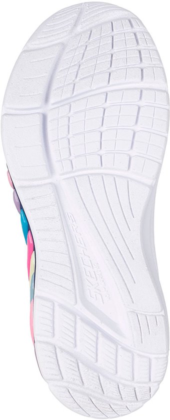 Zool van een navy sneaker met paarse, roze en turquoise glinsterende lijnen en regenboogaccenten.