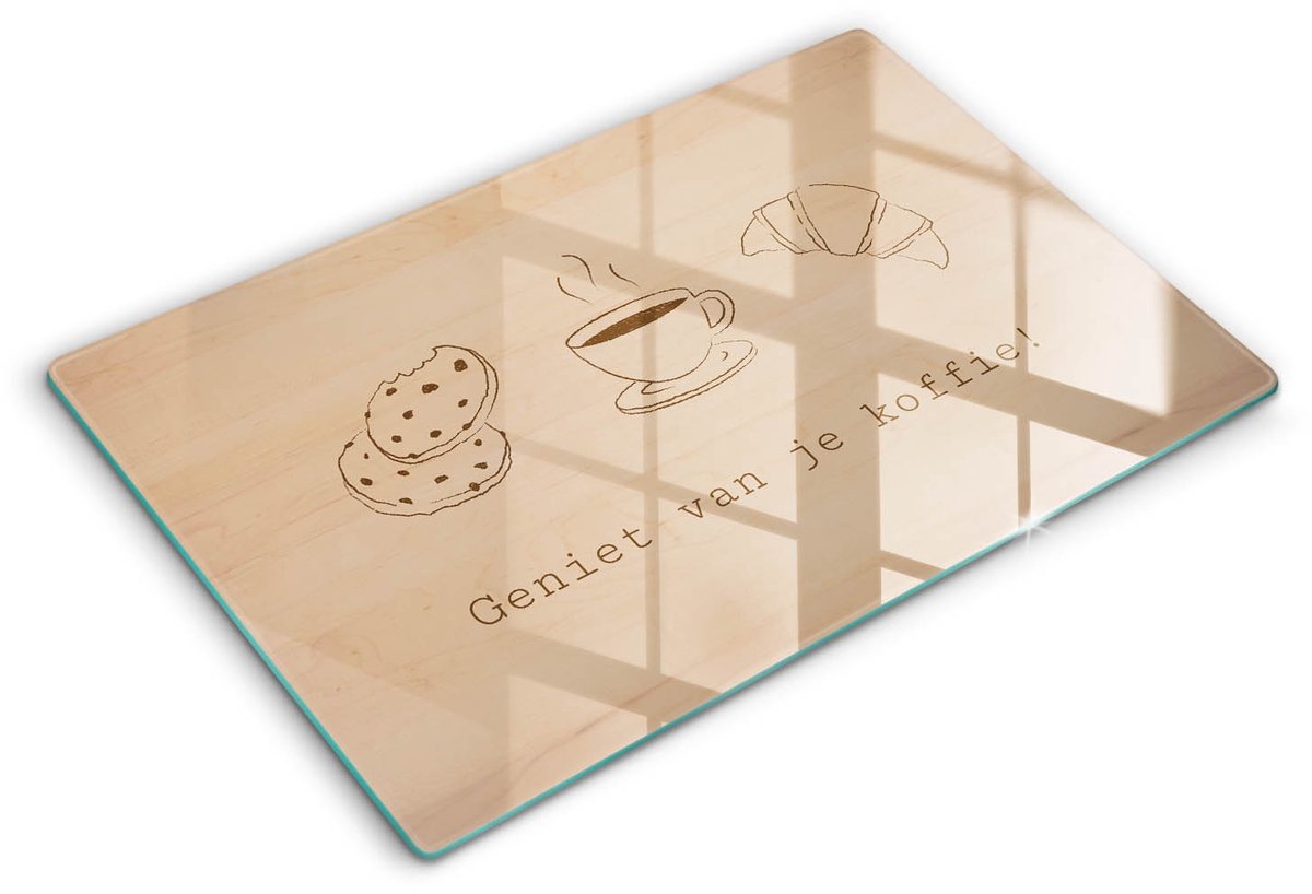 Wallfluent Glazen Snijplanken - Motief, Lekker kopje koffie! Snijplanken Glas - 80 cm x 52 cm - Bruin Snijplanken van Glas - Keuken Snijplank Glas - Hygiënische Snijplank van Glas - Antislip Hakplank van Glas