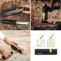 Collage van Fiskars slijper: in hand, bijl slijpen, mes slijpen en hoe te gebruiken.