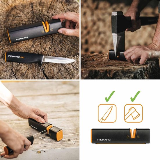 Collage van Fiskars slijper: in hand, bijl slijpen, mes slijpen en hoe te gebruiken.