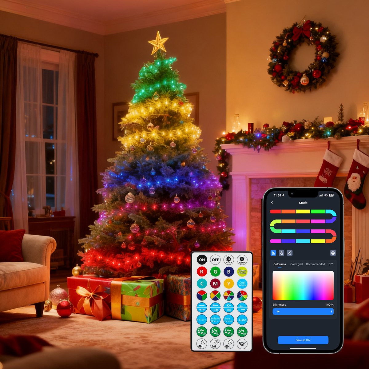 Aigostar 103U0 - LED Strings Lichtsnoer - 20M - 200LED RGB - Dimbaar - Met Afstandbediening en App - Kerstverlichting - Zwart