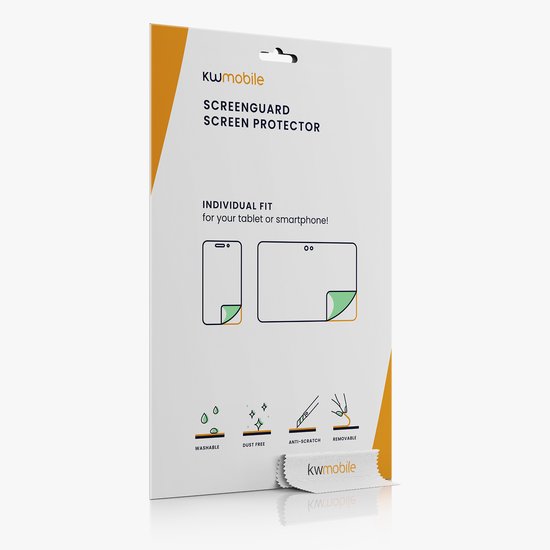 De verpakking van kwmobile screenguard met pictogrammen voor wasbaar, stofvrij, anti-kras en verwijderbaar.