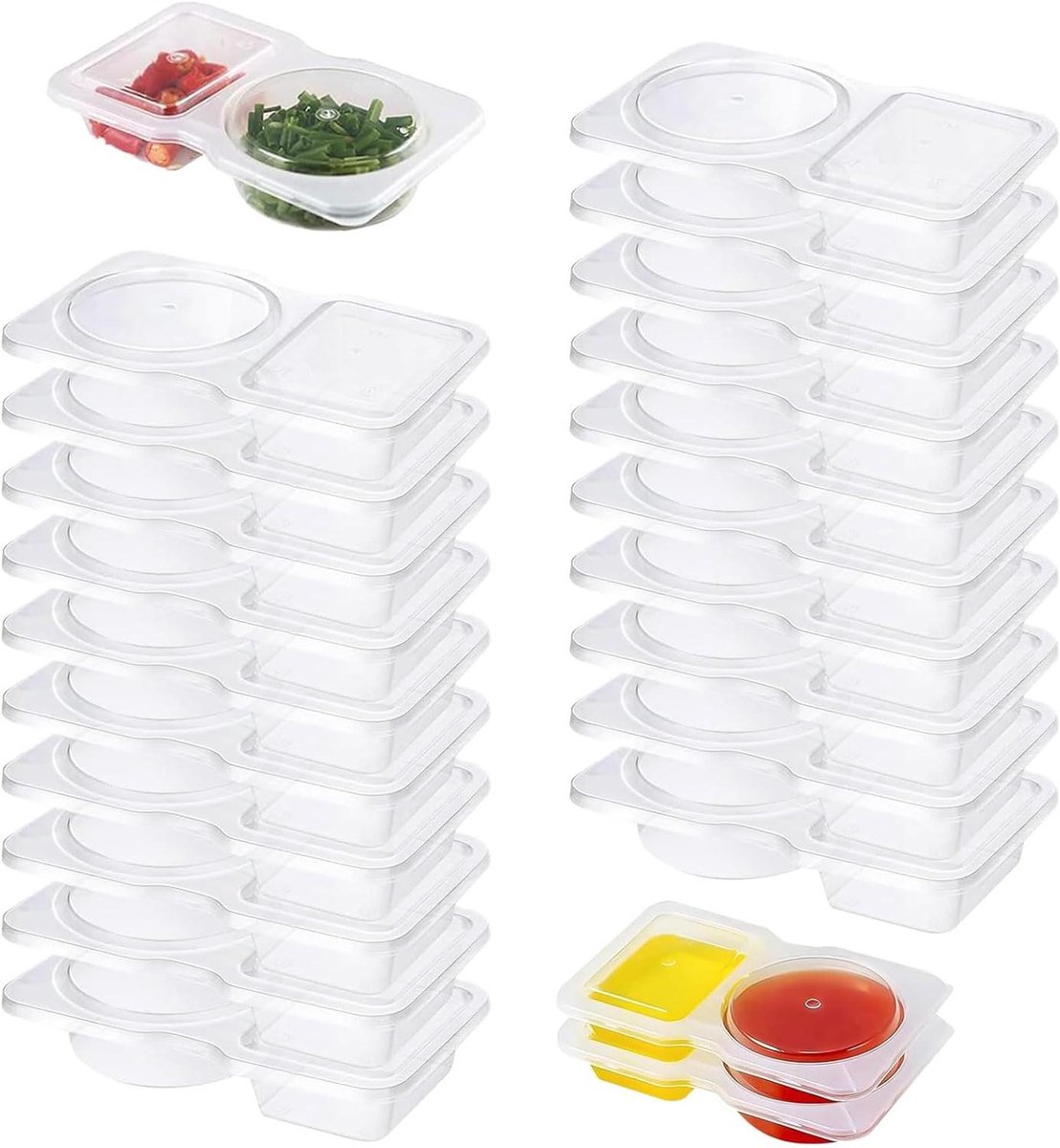 Allecto plus - Set van kruidenpotjes met 2 vakken, herbruikbare snackcontainer - voor sauzen en snacks - geschikt voor magnetron en koelkast - 20 stuks