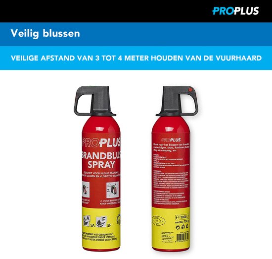 Twee rode brandblussers sprays met zwarte en gele opdruk, met instructies en pictogrammen.