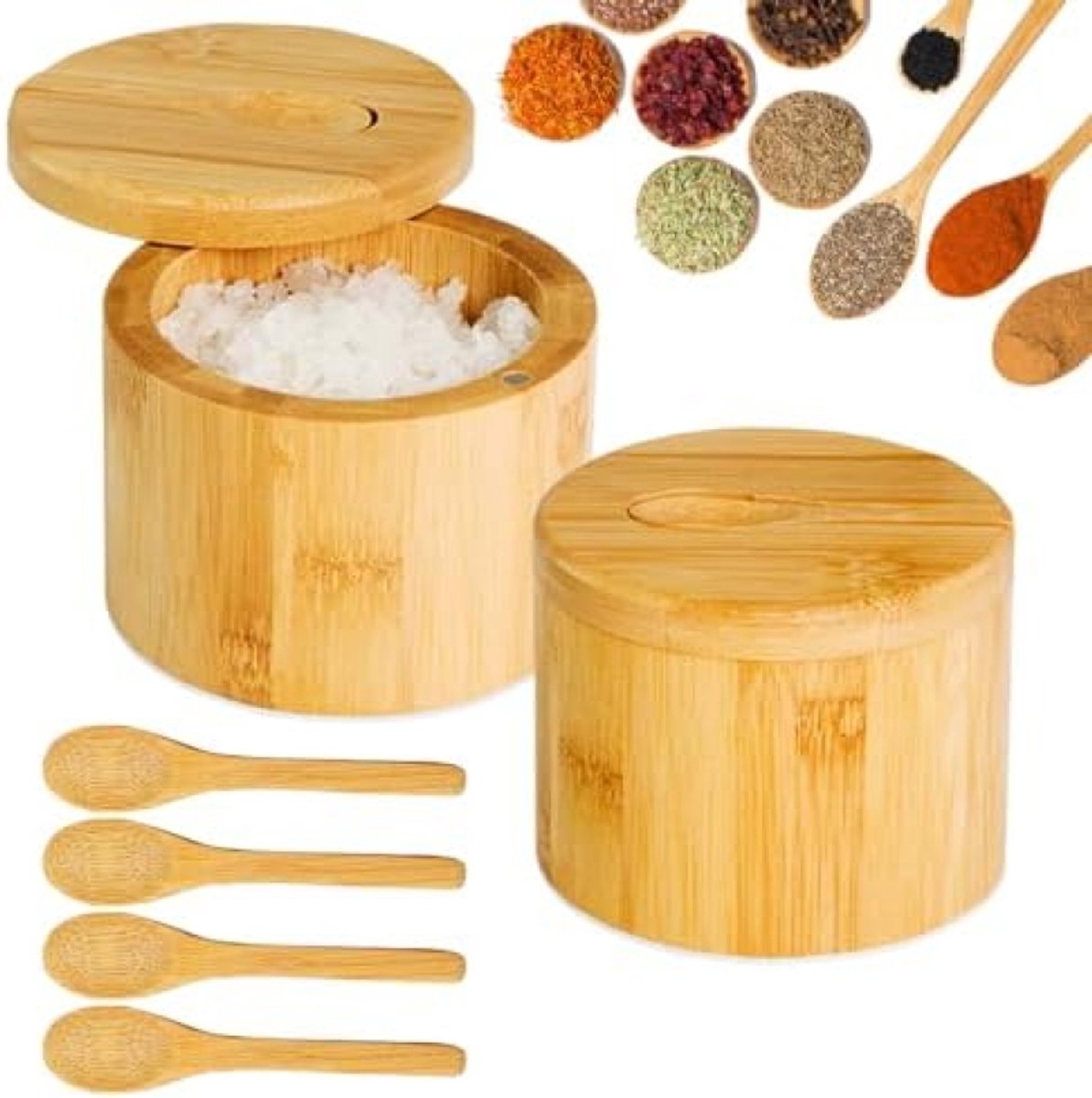 PromoHome 2-delige bamboe kruidenpotjes set met magnetisch deksel en lepels