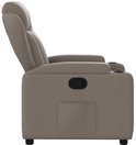 Zij-aanzicht van taupe fauteuil met verstelbare rugleuning en bekerhouders.